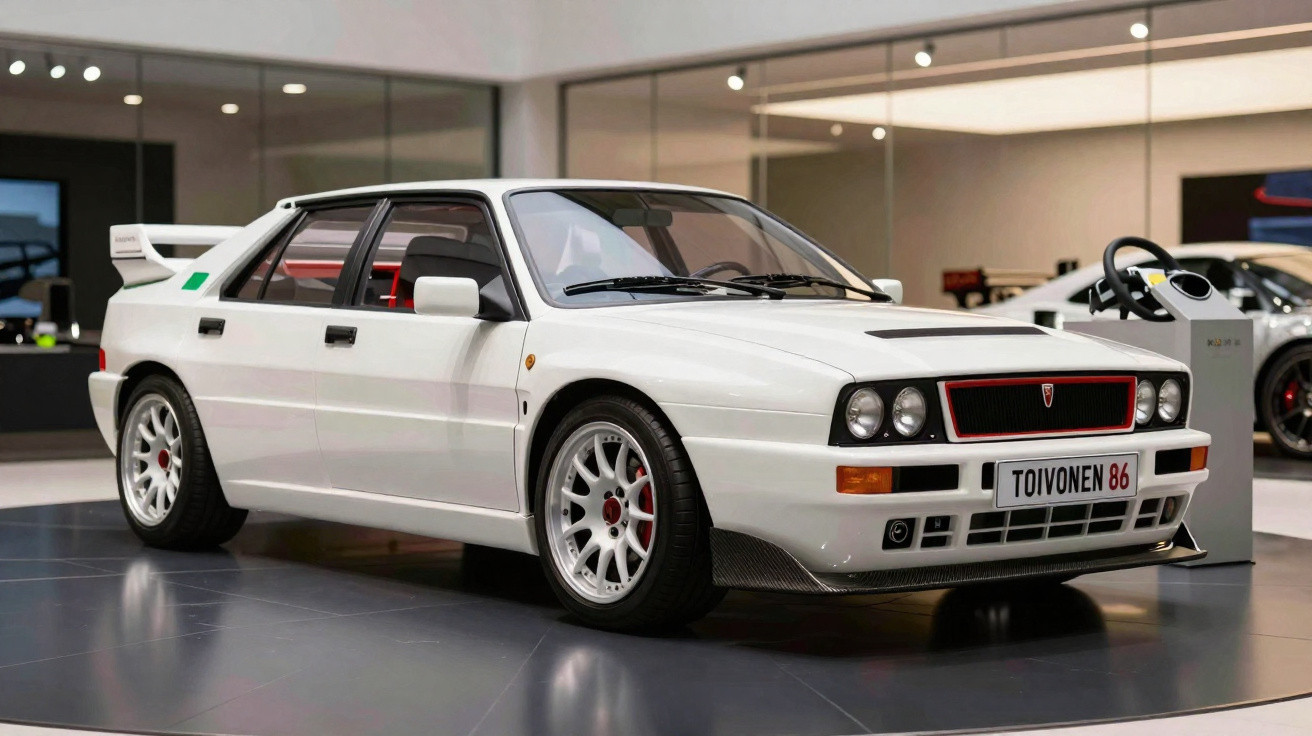 Carro clássico branco Lancia Delta Integrale em exposição num salão automóvel moderno.