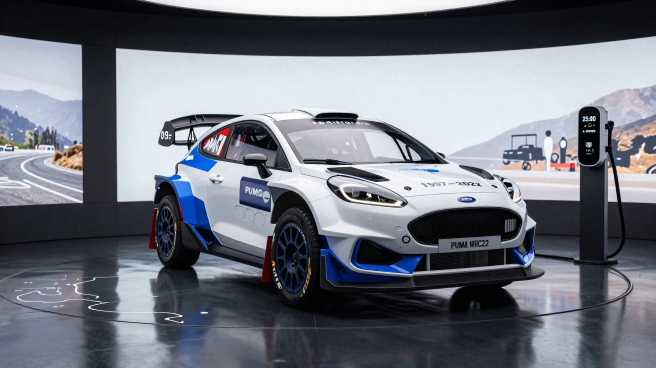 Carro de rali Ford Puma WRC22 branco e azul exposto em salão com tela e posto de carregamento.