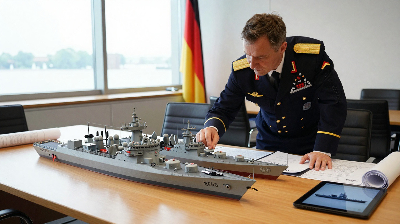 Militar alemão em uniforme passa a mão por modelo de navio de guerra numa sala com bandeira da Alemanha ao fundo.