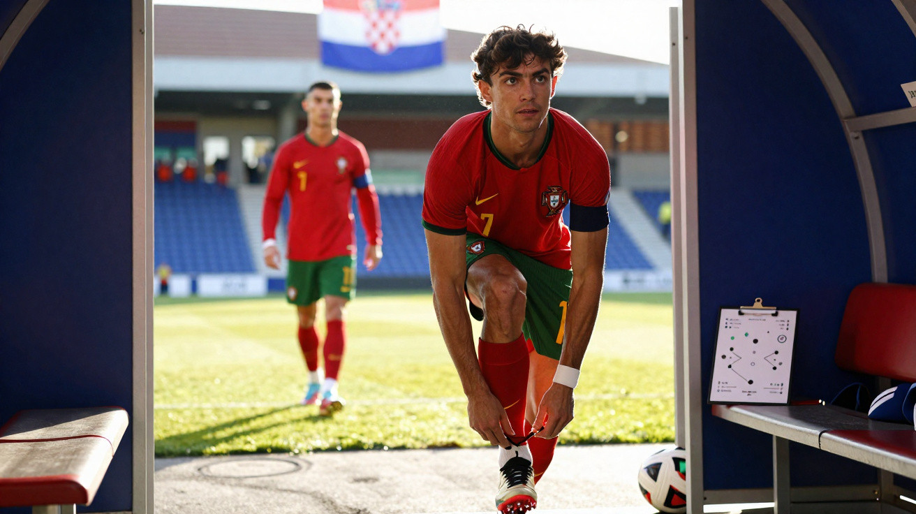 Jogadores de futebol de Portugal a entrar no relvado num estádio com bandeira da Croácia ao fundo.