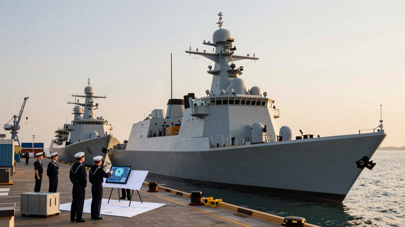 Navios militares atracados num cais ao pôr do sol com marinheiros em uniforme junto a equipamentos.