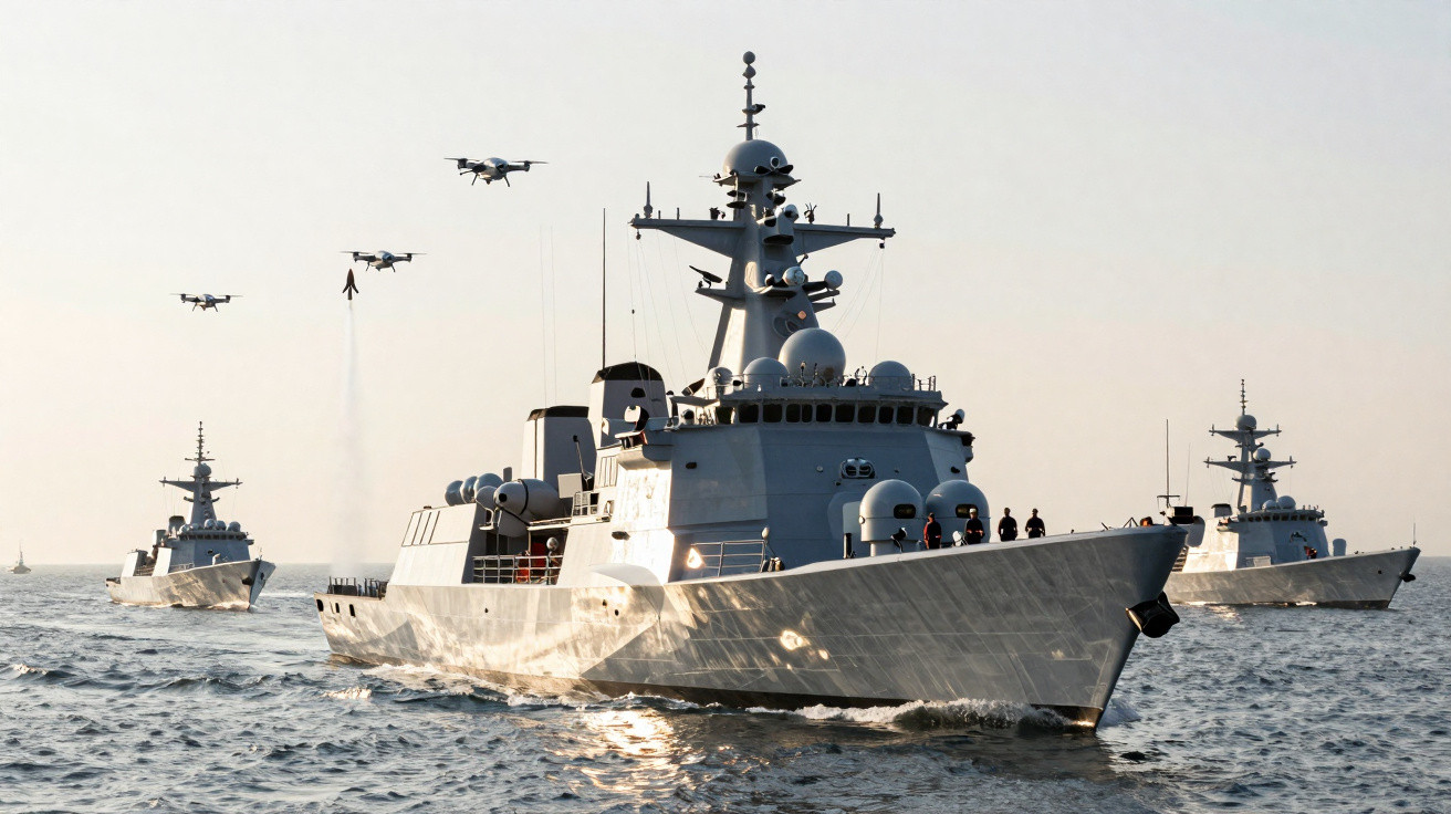 Três navios militares no mar ao entardecer com quatro drones voando acima da água, um dos drones com jato propulsor.