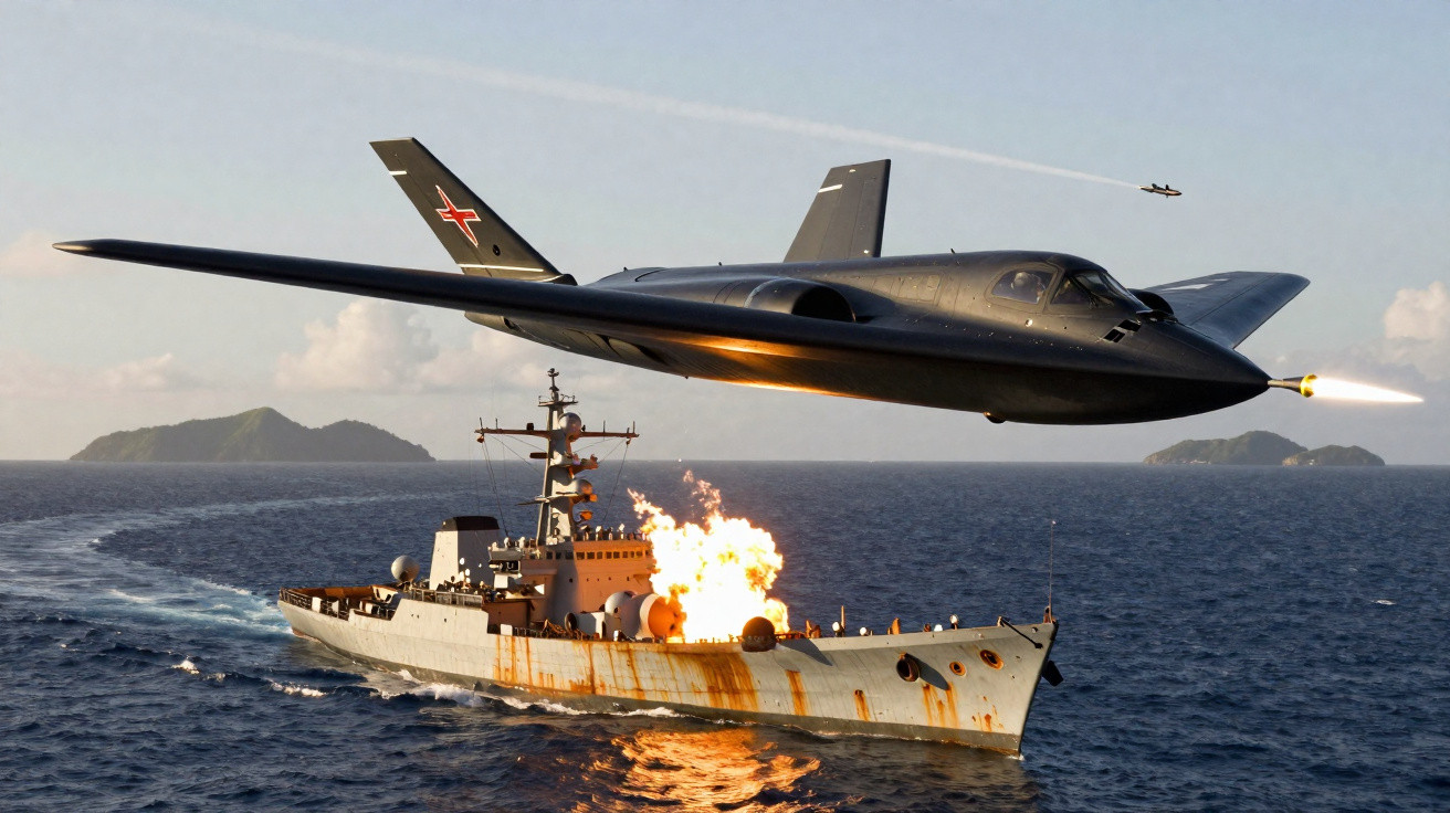 Aeronave militar preta a disparar sobre um navio de guerra com fogo e fumaça no mar, ilhas ao fundo.