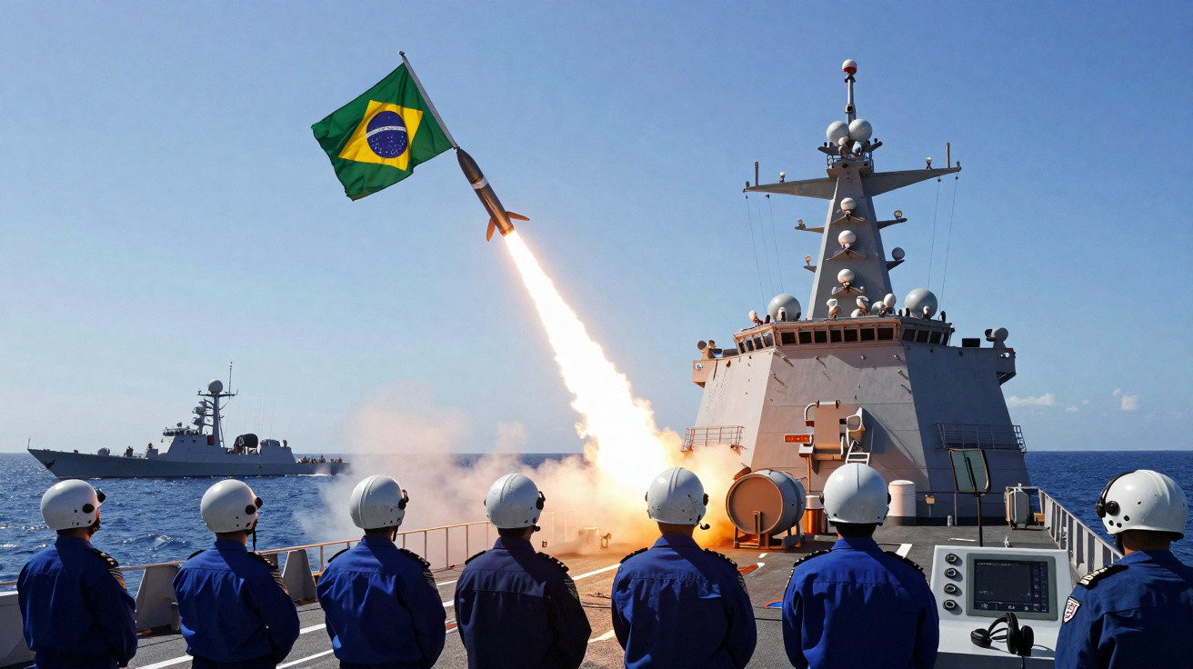 Míssil lançado de navio militar brasileiro com bandeira do Brasil, enquanto tripulação observa no convés.