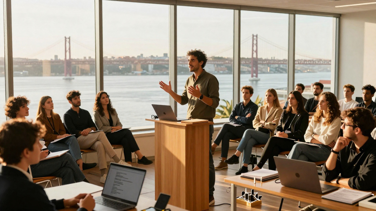 Grupo de jovens numa reunião com apresentação, janela grande mostra vista do rio e ponte suspensa ao fundo.