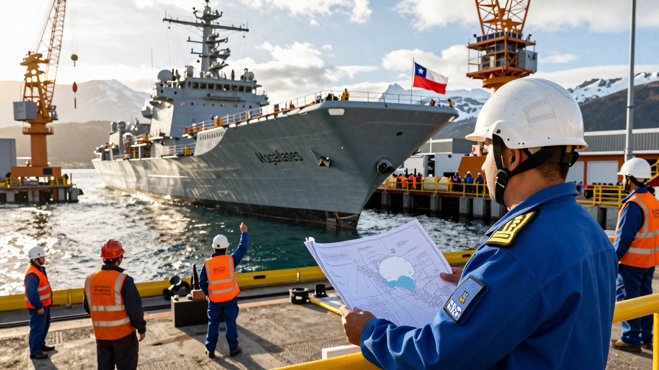 Oficiais navais com capacetes e coletes de segurança observam navio militar ancorado no porto com bandeira do Chile.
