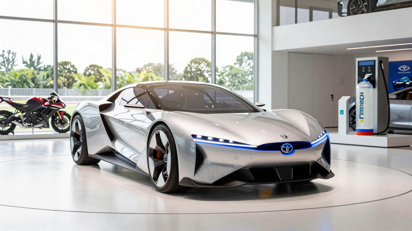Carro desportivo elétrico prateado futurista exposto em showroom com janelas amplas e motocicleta ao fundo.