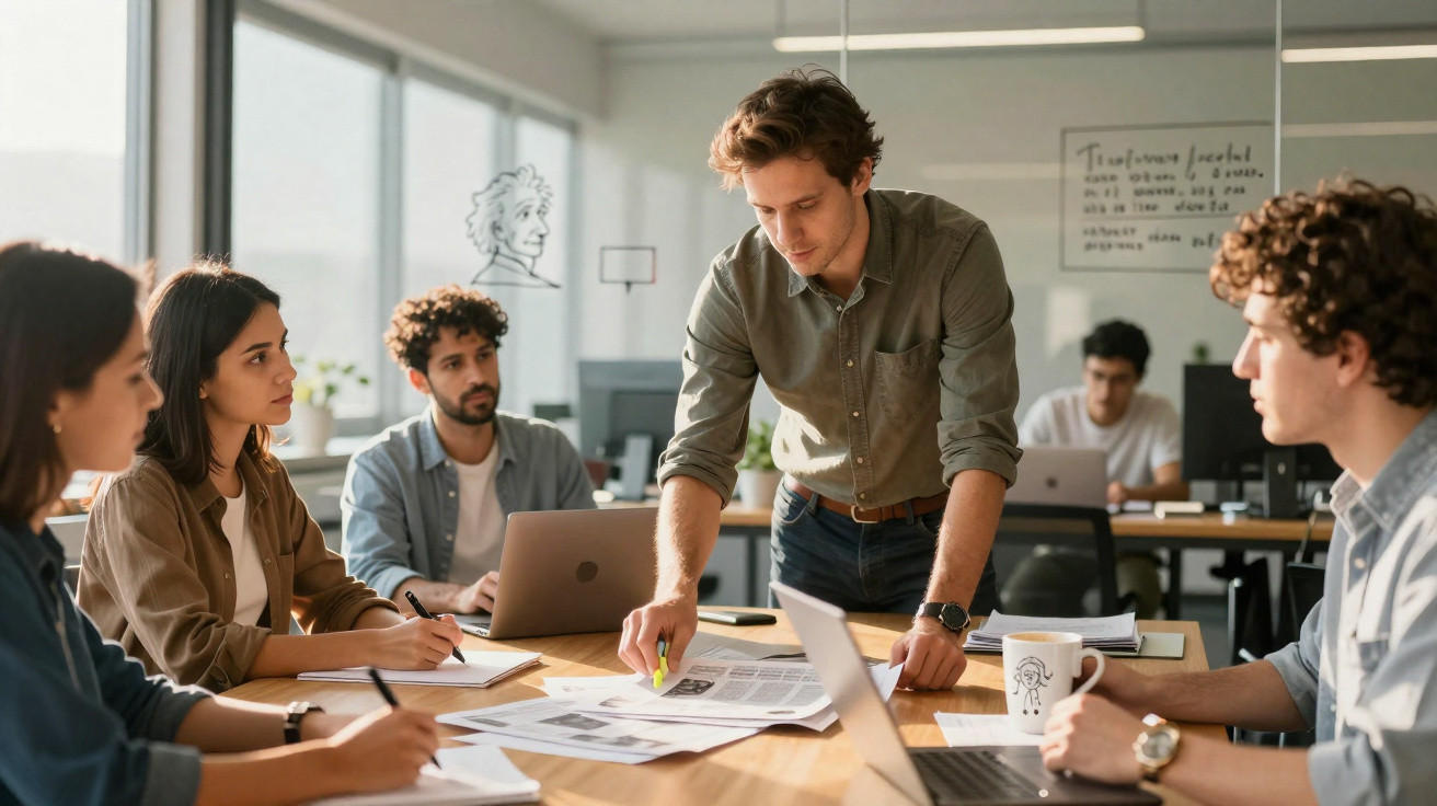 Grupo de cinco jovens a colaborar numa reunião de trabalho num escritório moderno e iluminado.