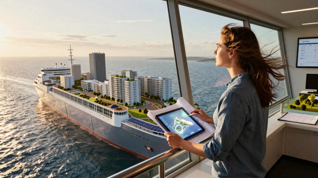 Mulher observa modelo digital de navio futurista com edifícios e áreas verdes navegando no oceano ao pôr do sol.