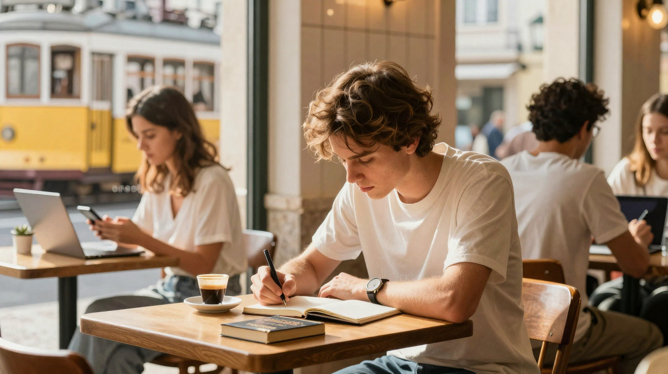 Jovem sentado numa cafetaria a escrever num caderno, com chávena de café e livros na mesa.