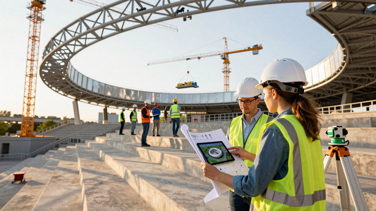 Engenheiros em coletes refletores e capacetes analisam planta numa obra de construção de estádio.