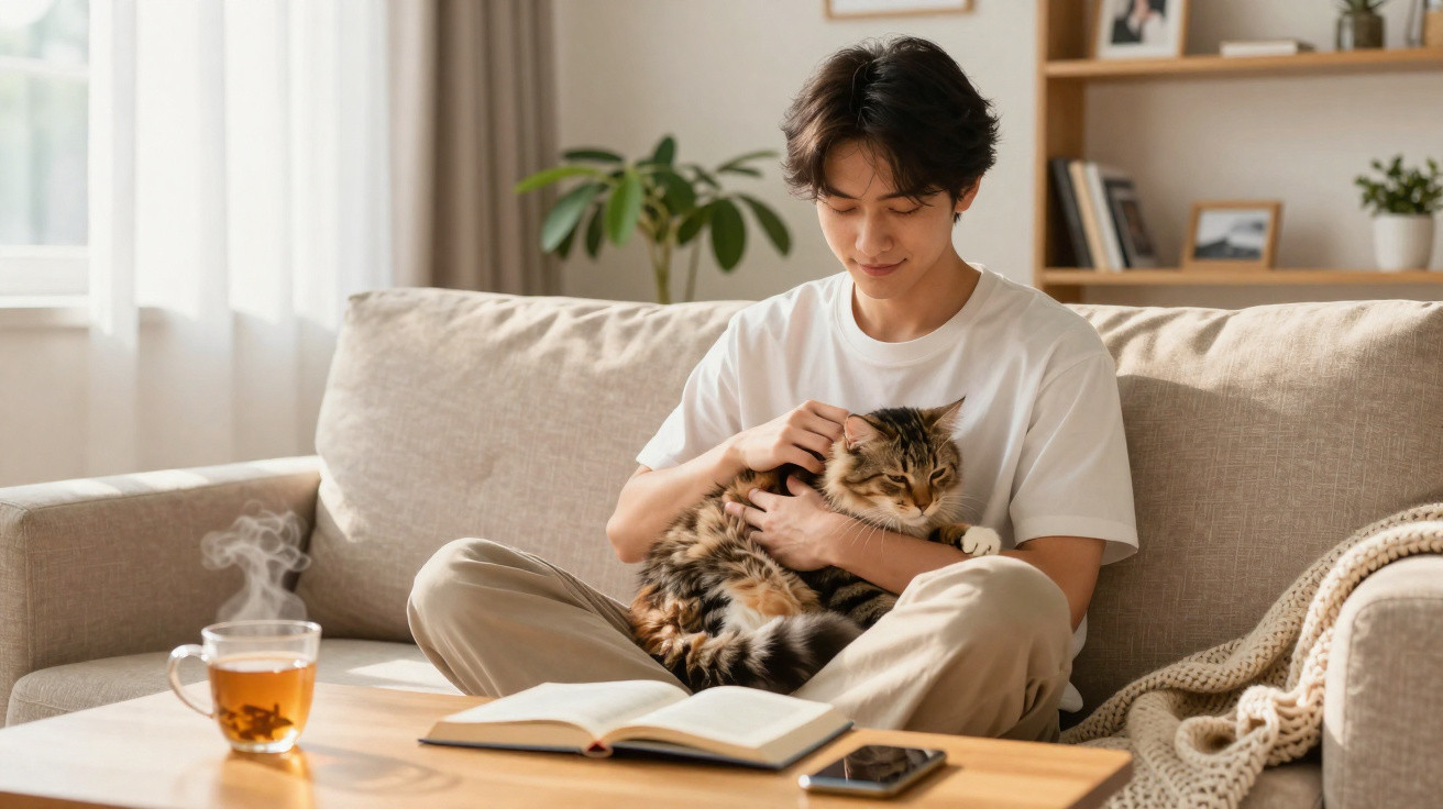 Pessoa sentada no sofá a fazer carinho a um gato, com chá, livro aberto e telemóvel numa mesa à frente.
