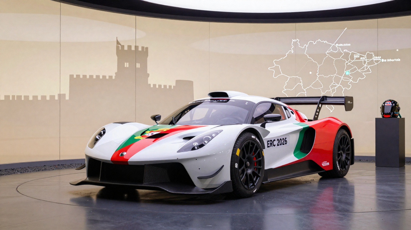 Carro de corrida branco decorado com verde, vermelho e detalhes do mapa de Portugal ao fundo.