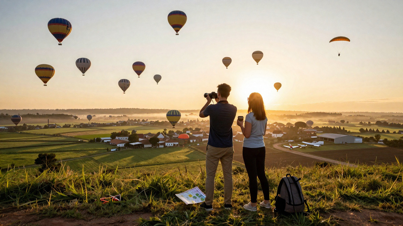 Duas pessoas observam balões de ar quente ao nascer do sol numa paisagem rural verdejante.