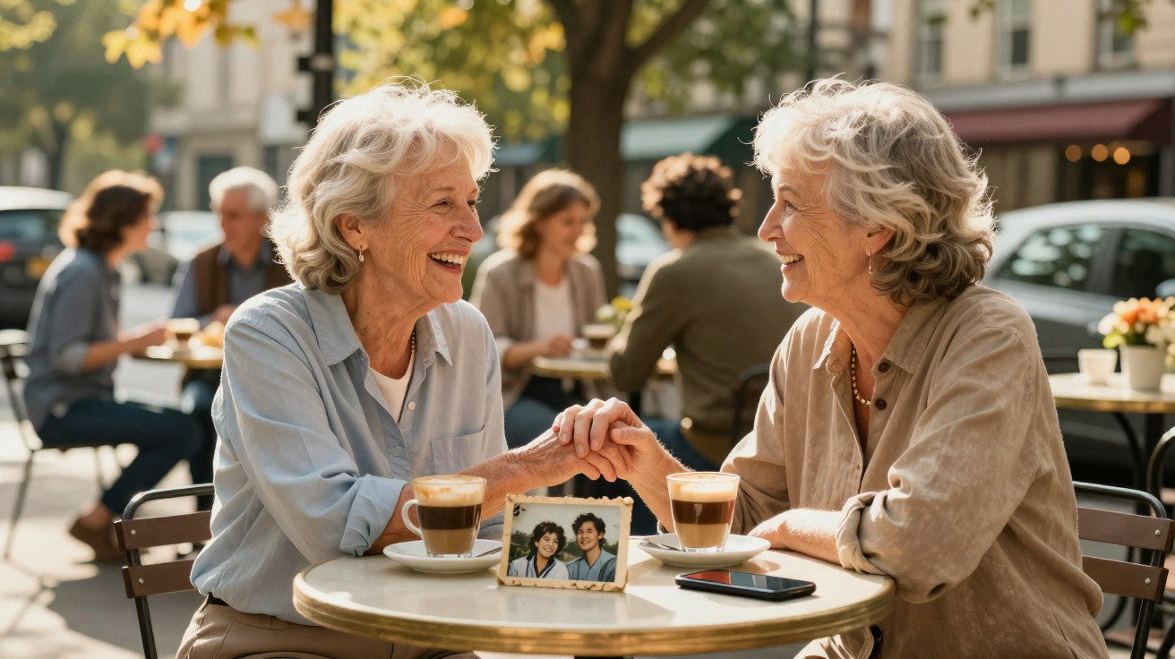 DuAS mulheres idosas sorridentes seguram as mãos numa esplanada com café e uma fotografia à frente.