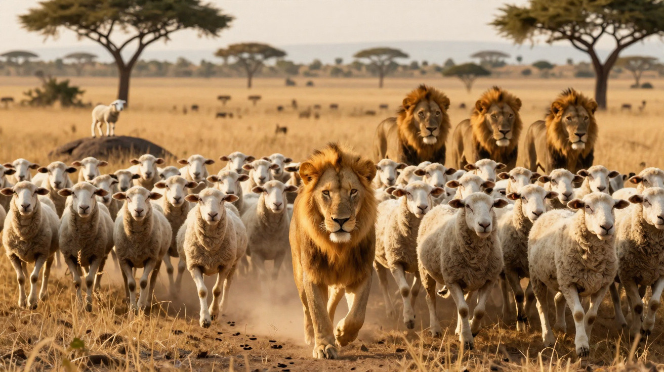 Leões a perseguir um grupo de ovelhas numa savana com árvores ao fundo.