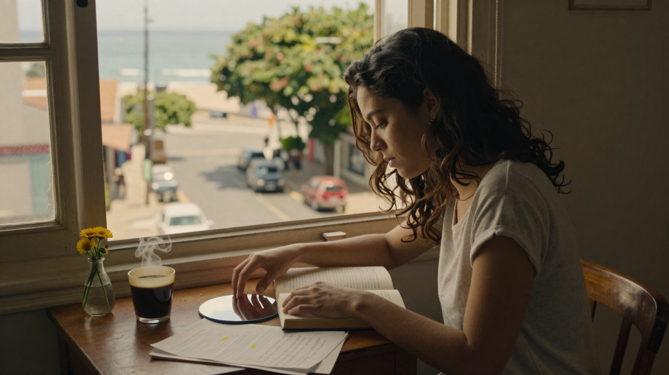 Mulher sentada a ler junto a janela com café e flor numa mesa de madeira.