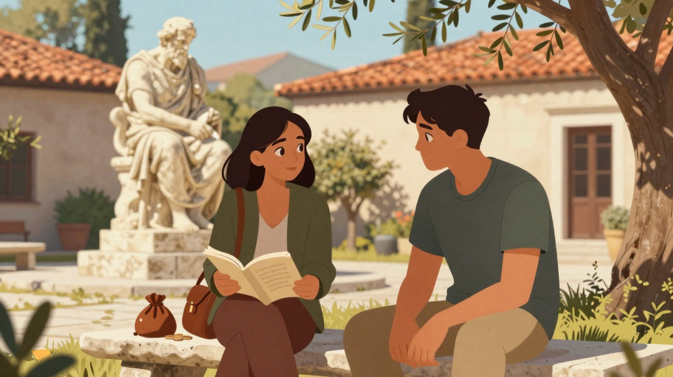 Jovem mulher lê um livro enquanto conversa com um rapaz, sentados num banco num jardim com estátua antiga ao fundo.