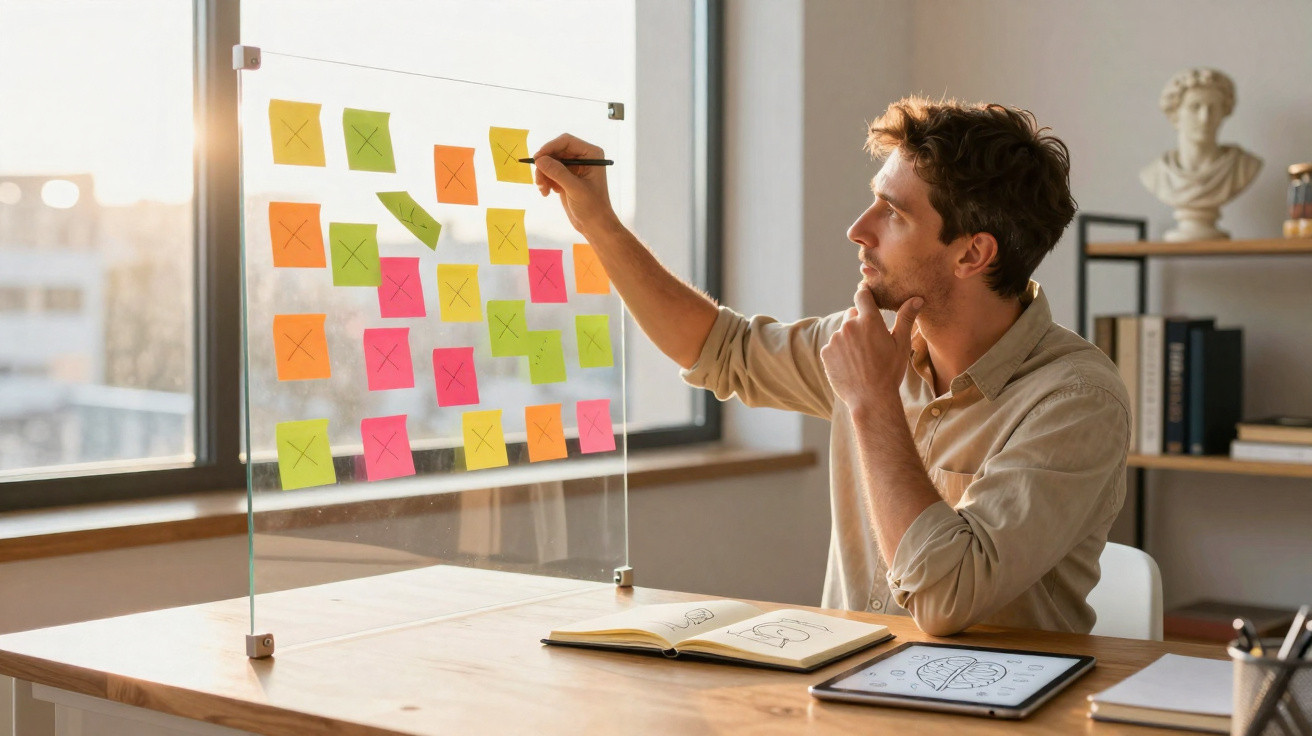 Homem a organizar notas coloridas num quadro de vidro numa sala de escritório com luz natural.