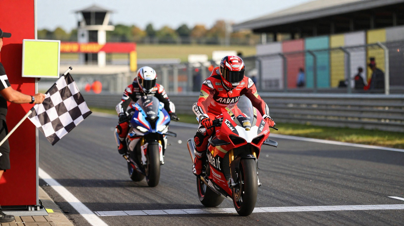 Duas motos de corrida a cruzar a linha de chegada com bandeira de xadrez a sinalizar fim da prova.