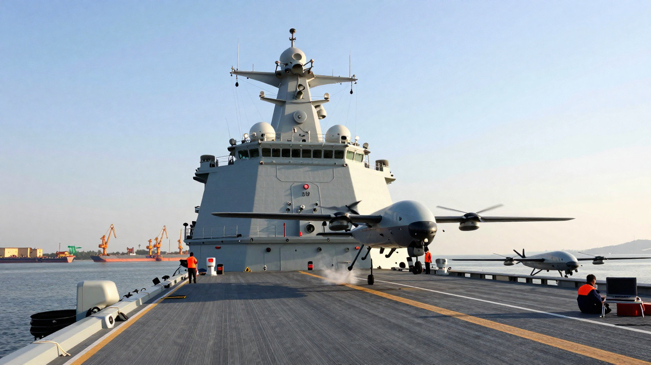 Porta-aviões com drones militares em decolagem e pessoal técnico a bordo, em ambiente costeiro ao pôr do sol.