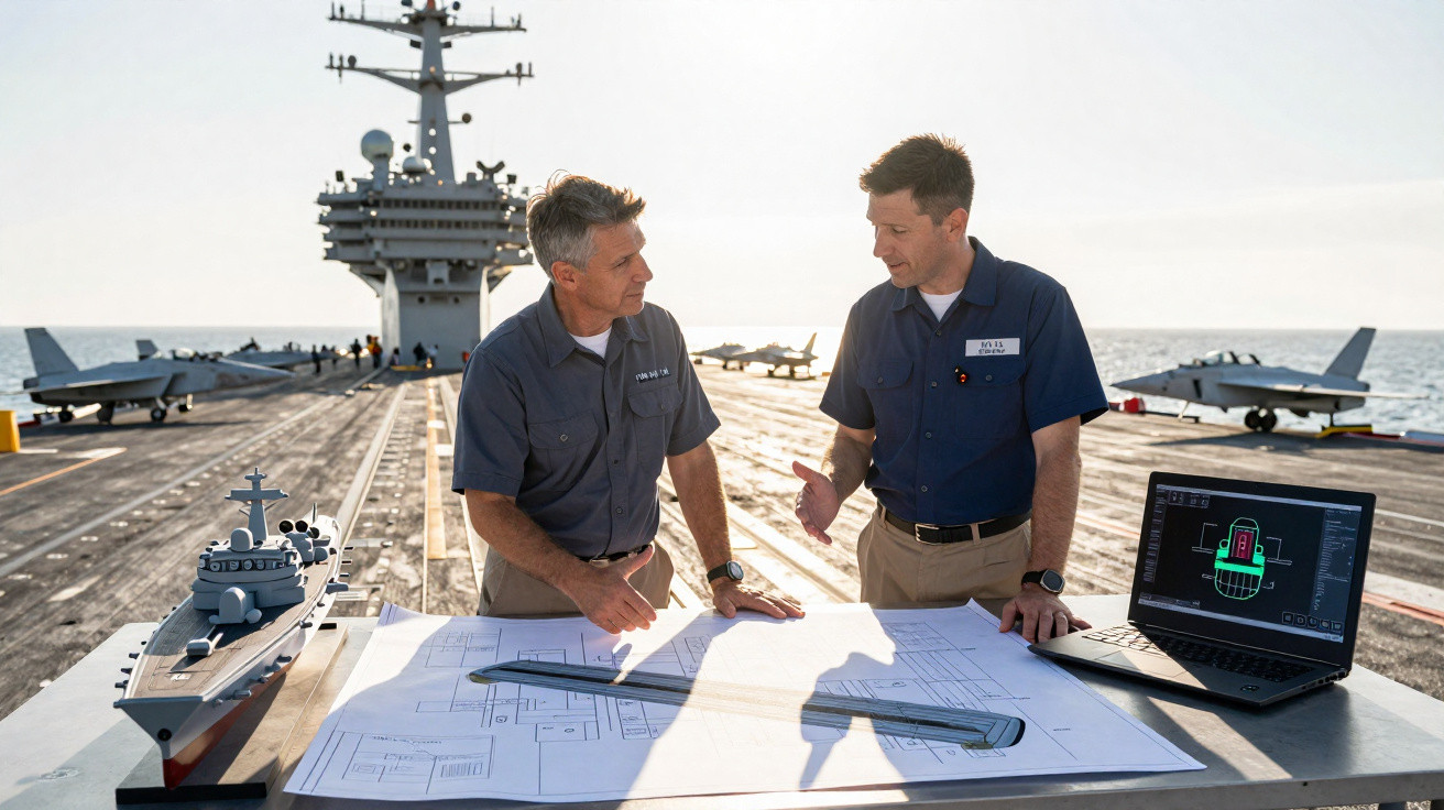 Dois homens em uniforme naval discutem plantas e projecto com modelo de navio e computador num porta-aviões.