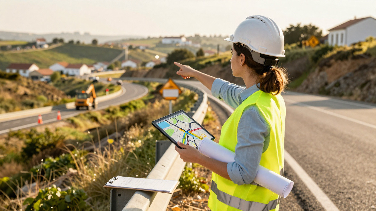 Engenheira com colete e capacete observa obra numa estrada, segurando plantas e tablet.