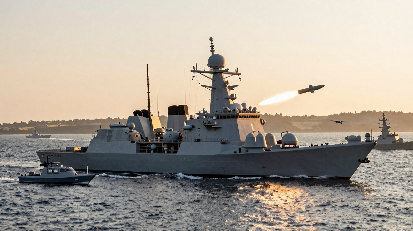 Navio de guerra a disparar um míssil ao pôr do sol no mar com outra embarcação menor ao lado.