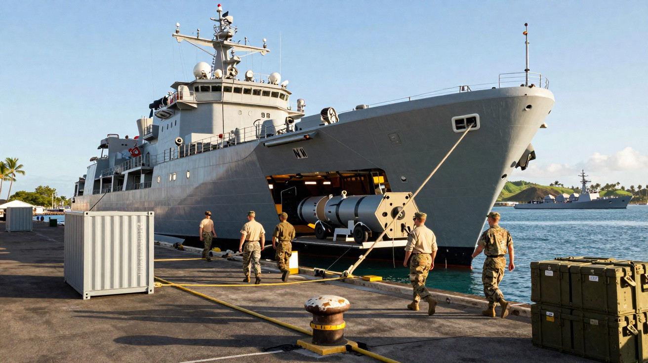 Marinha de guerra ancorada com militares a caminhar no cais perto de equipamento militar e contentores.