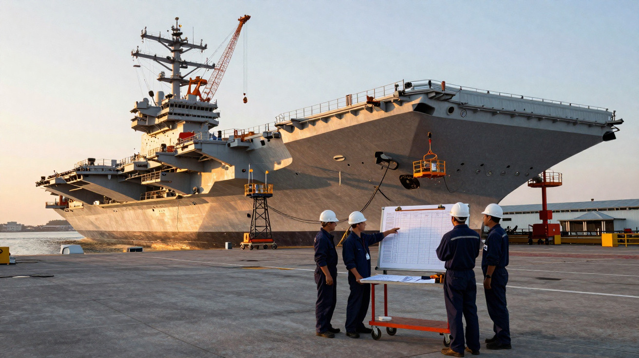 Quatro trabalhadores em capacetes de segurança analisam um quadro em frente a um grande porta-aviões no porto.