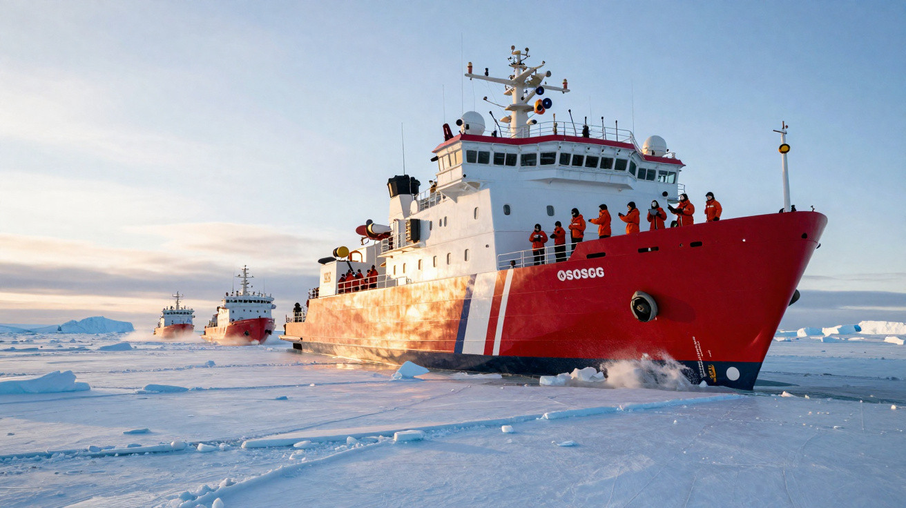 Navio quebra-gelo vermelho com tripulação a bordo a avançar sobre gelo no oceano Ártico ao pôr do sol.
