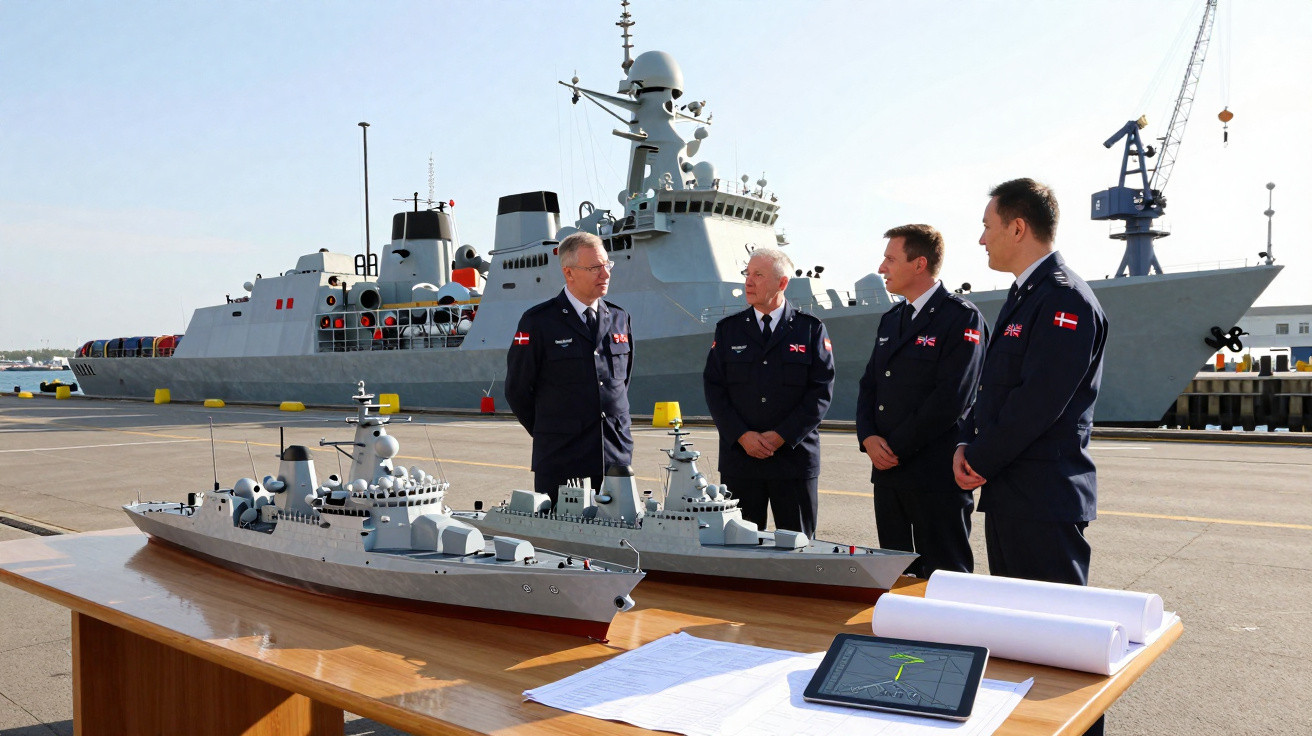 Quatro militares da marinha com uniformes diante de maquetas de navios de guerra e um navio real atracado ao fundo.