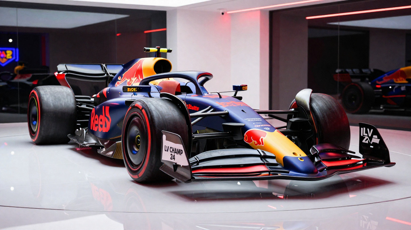 Carro de Fórmula 1 da Red Bull com design azul e vermelho exibido em sala moderna e iluminada.
