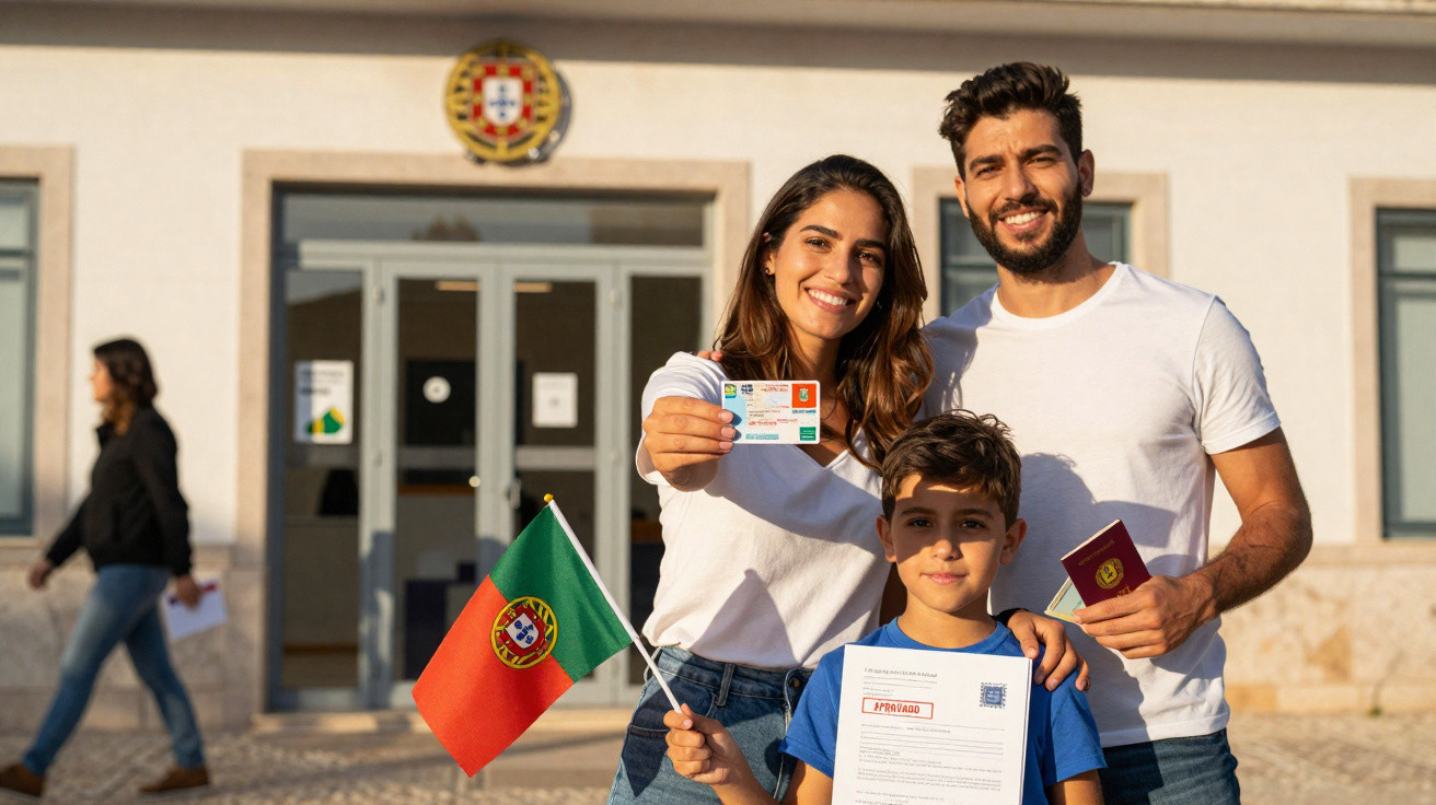 Família sorridente com bandeira de Portugal e documentos à frente de edifício oficial.