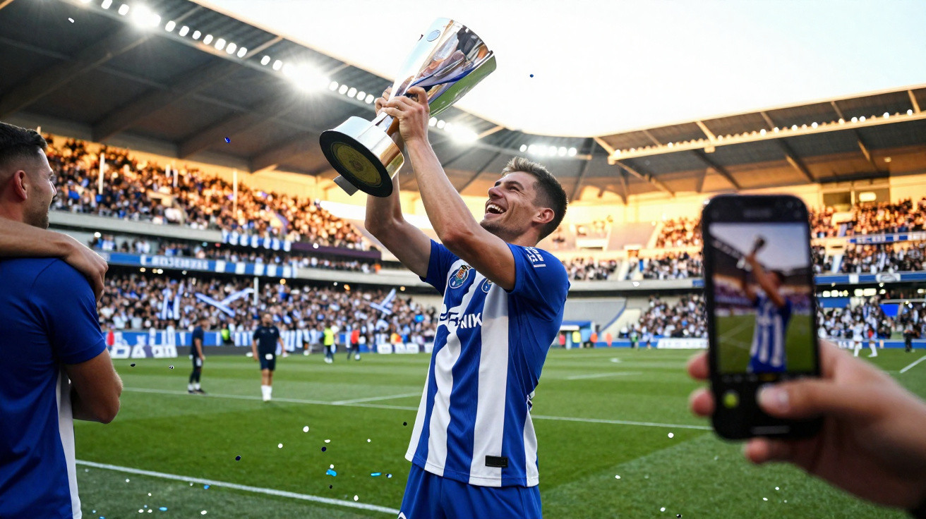 Jogador do FC Porto ergue e celebra com troféu num estádio cheio de adeptos.