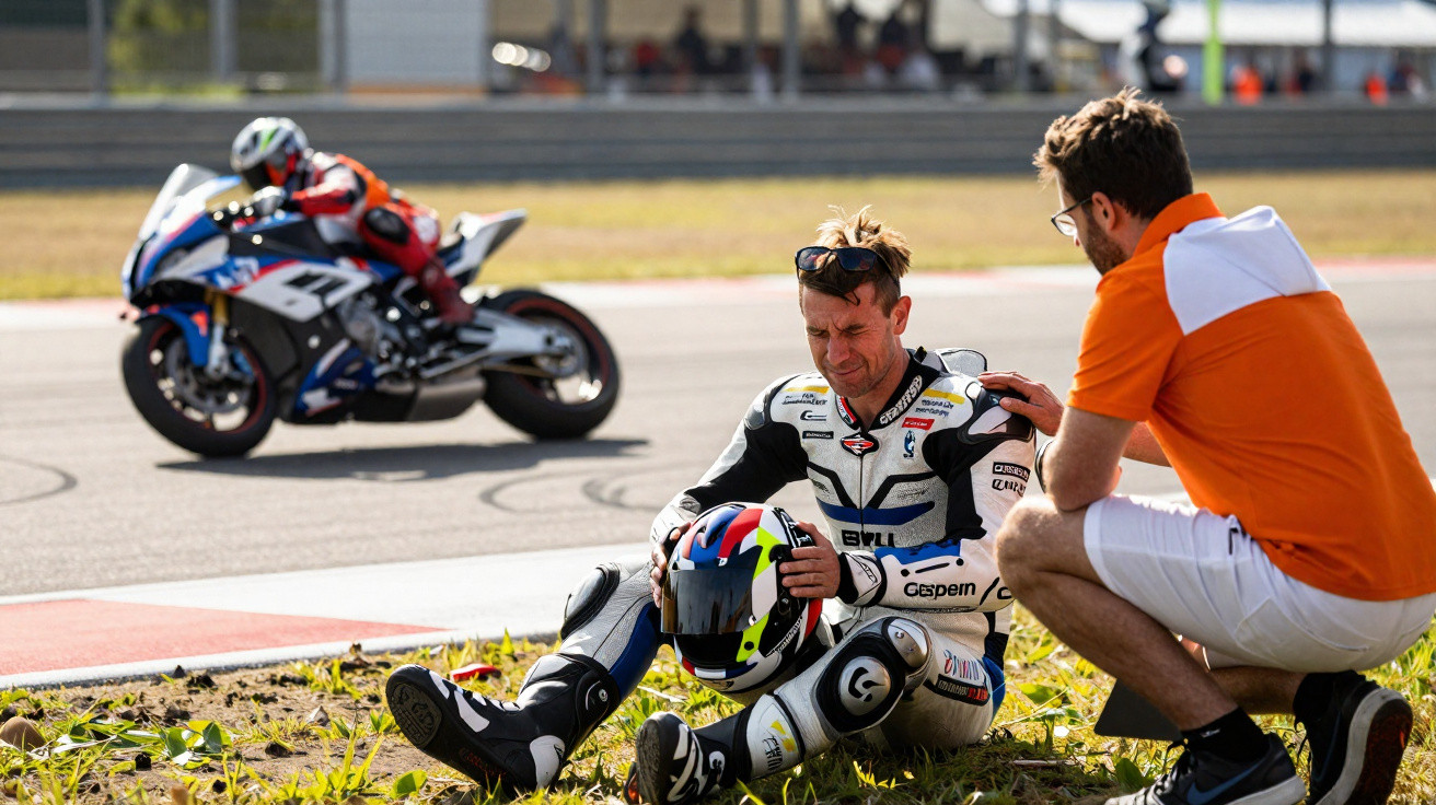 Piloto de motociclismo sentado no chão com capacete, acompanhado por homem de camiseta laranja junto à pista.