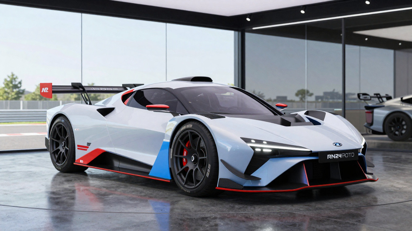 Carro desportivo branco com detalhes vermelhos e azuis, pneus de alta performance, em garagem moderna com piso de cimento pol