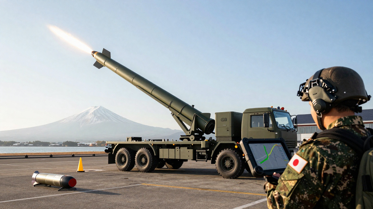 Soldado japonês controla lançamento de míssil de veículo militar com monte Fuji ao fundo.