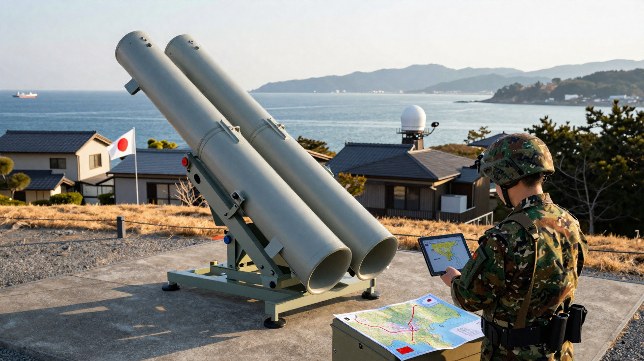 Soldado japonês em uniforme camuflado opera equipamento militar perto do mar e casas com bandeira do Japão.