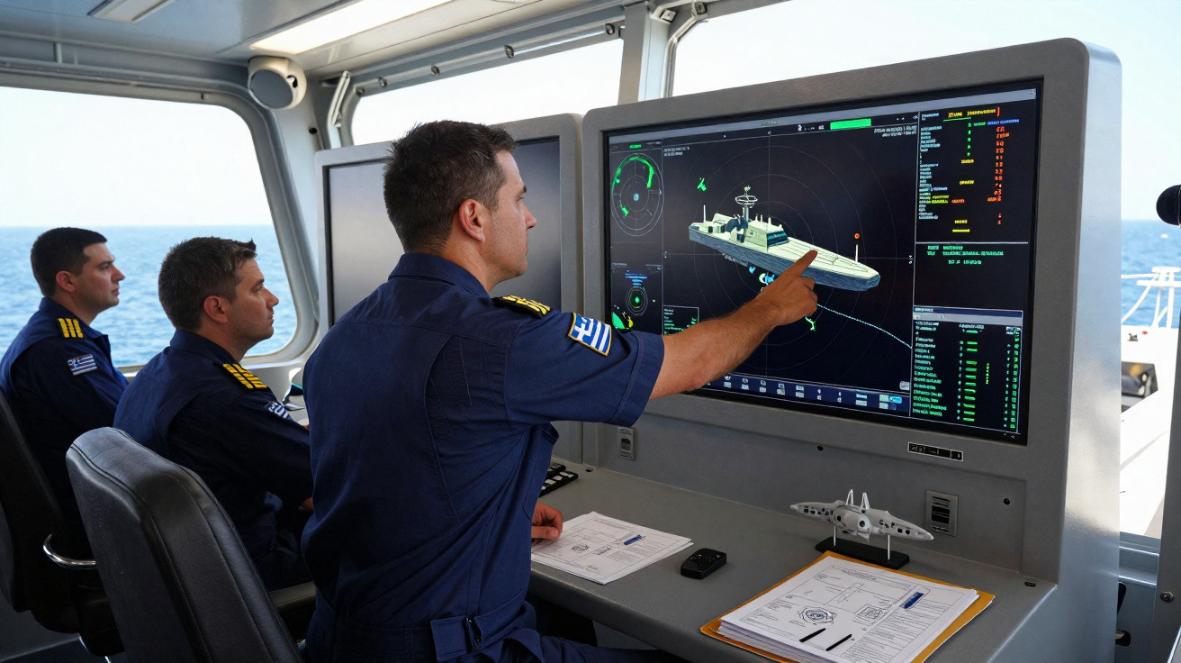 Três militares na ponte de comando de um navio naval a analisar radar com imagem de outra embarcação.