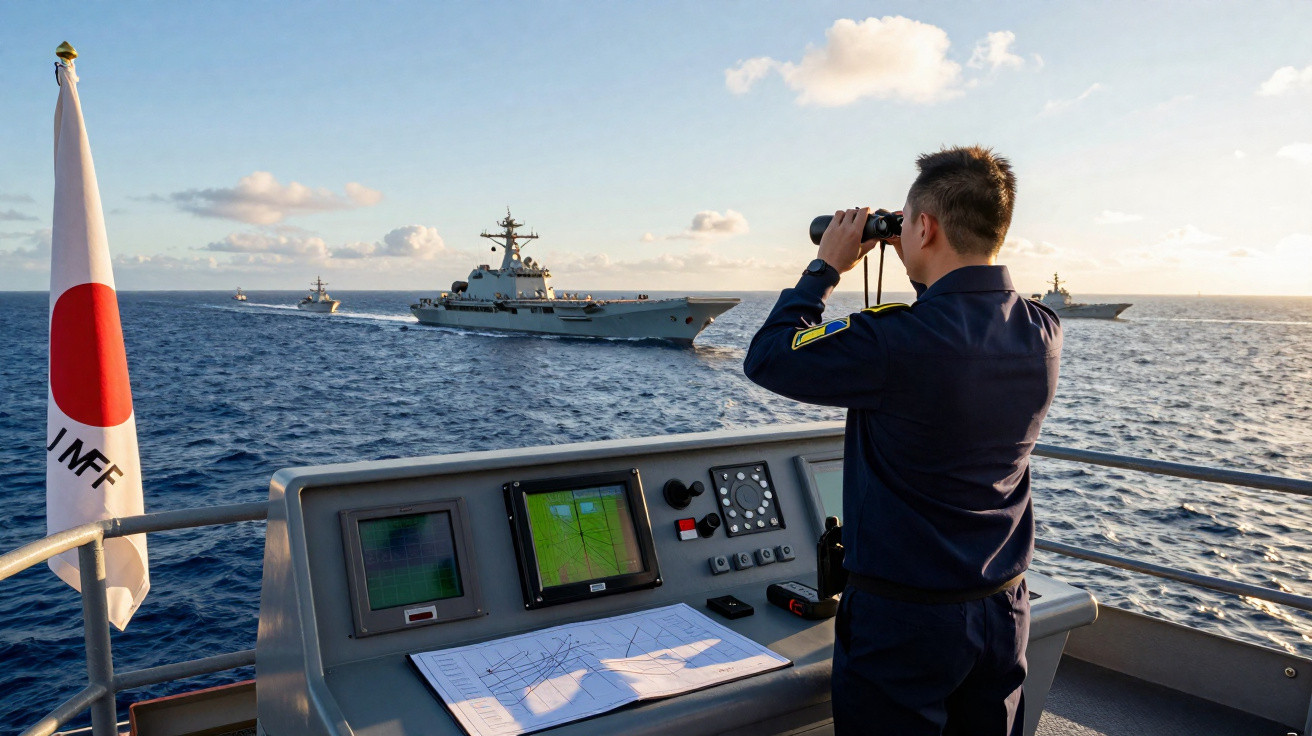 Marinheiro numa embarcação militar japonesa observa com binóculos outras embarcações no mar durante o dia.