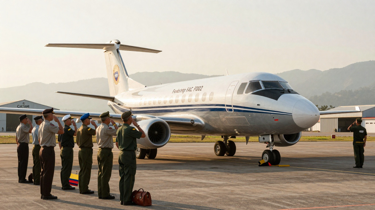 Militares em uniforme fazem continência a jacto branco estacionado numa pista de aeroporto ao amanhecer.