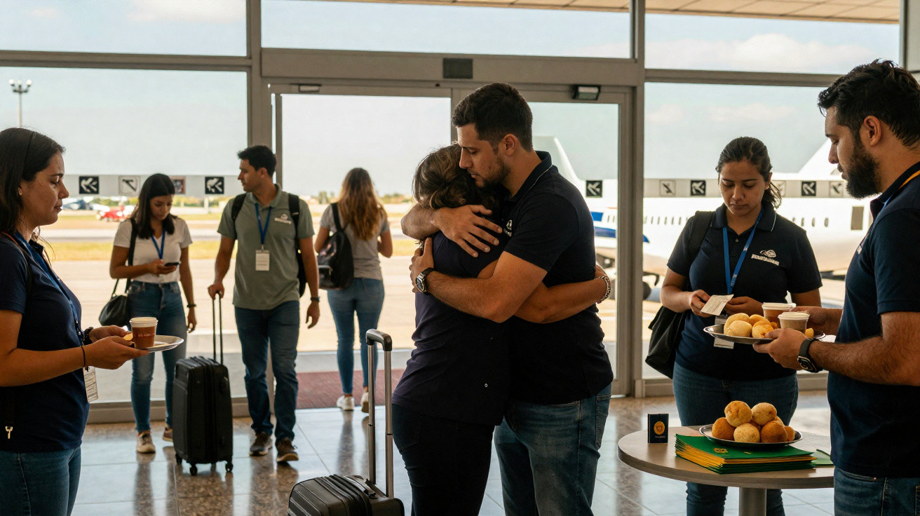 Pessoas abraçam-se e outras seguram comida num terminal de aeroporto com malas e um avião ao fundo.