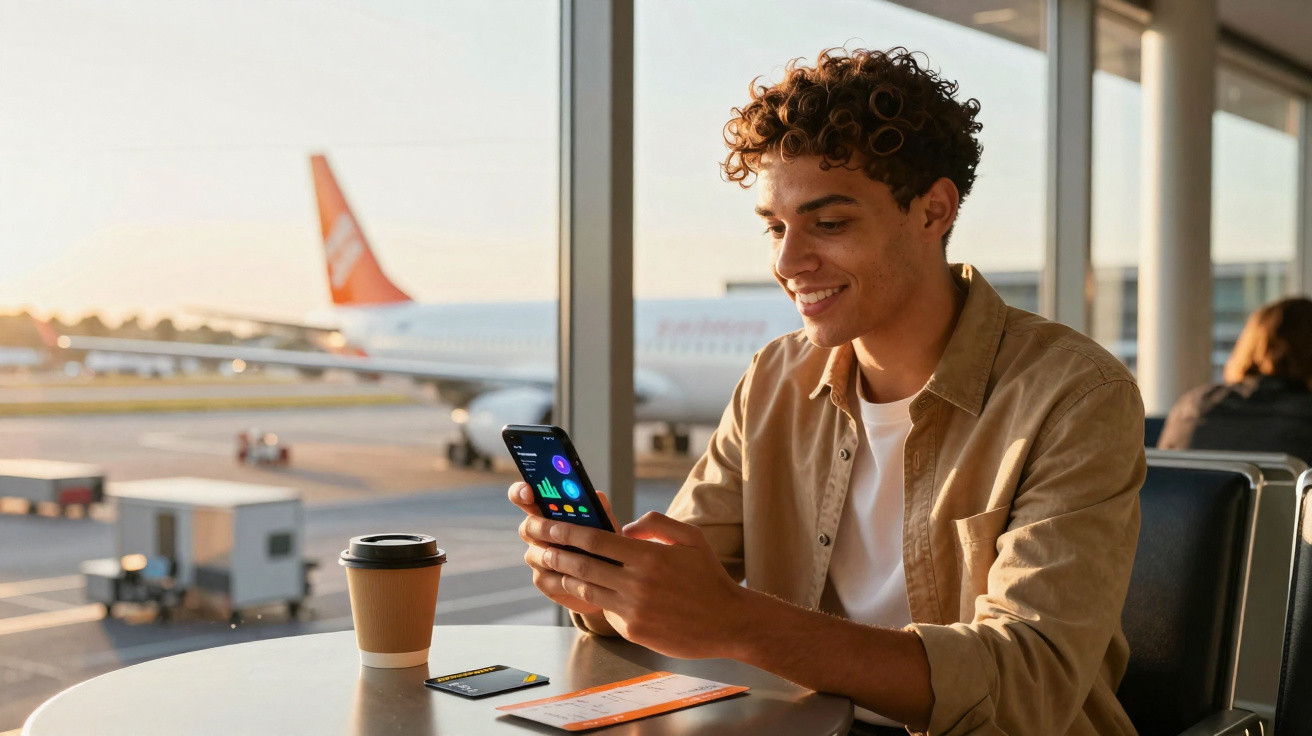 Jovem sorridente usa telemóvel sentado numa mesa de aeroporto com avião ao fundo e chávena de café.