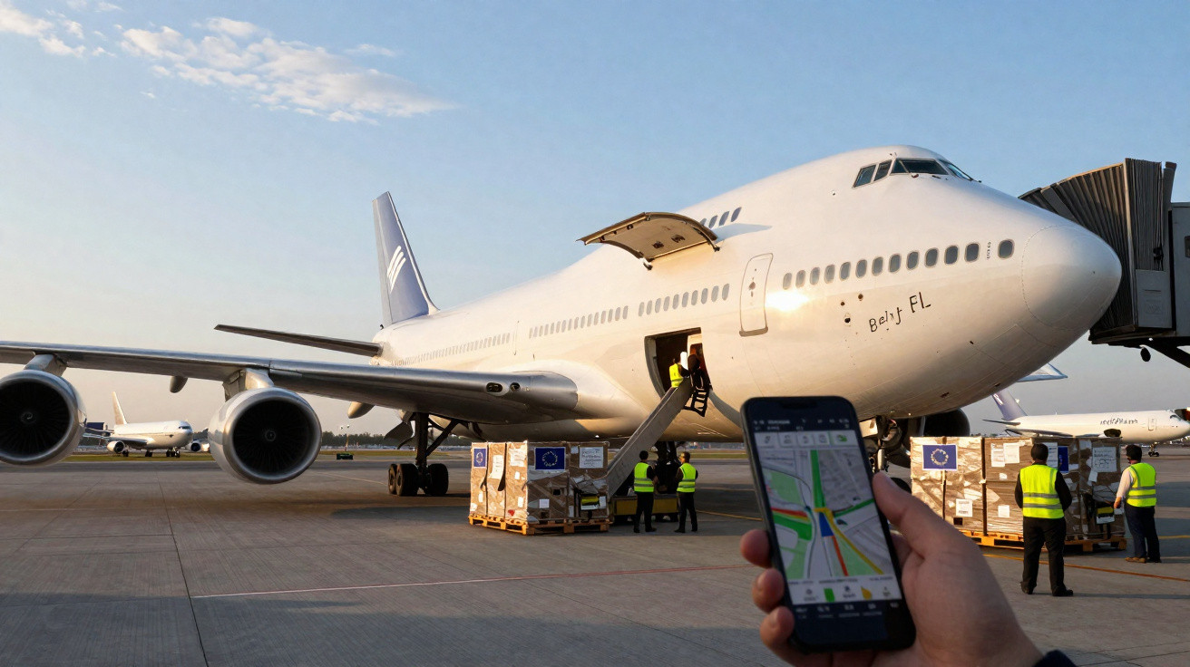 Avião de carga no aeroporto com trabalhadores e caixas, e pessoa a usar smartphone em primeiro plano.