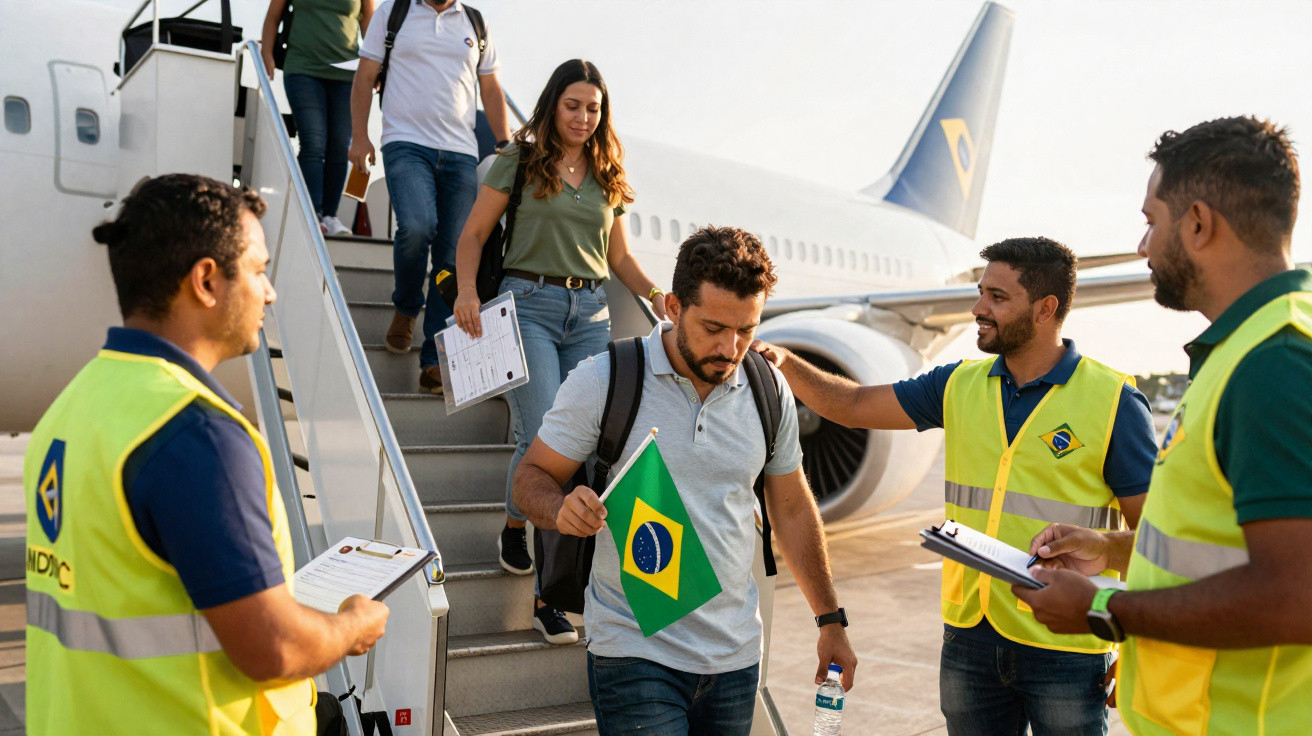 Passageiros a desembarcar de avião, um segurando bandeira do Brasil, recebidos por funcionários com coletes amarelos.