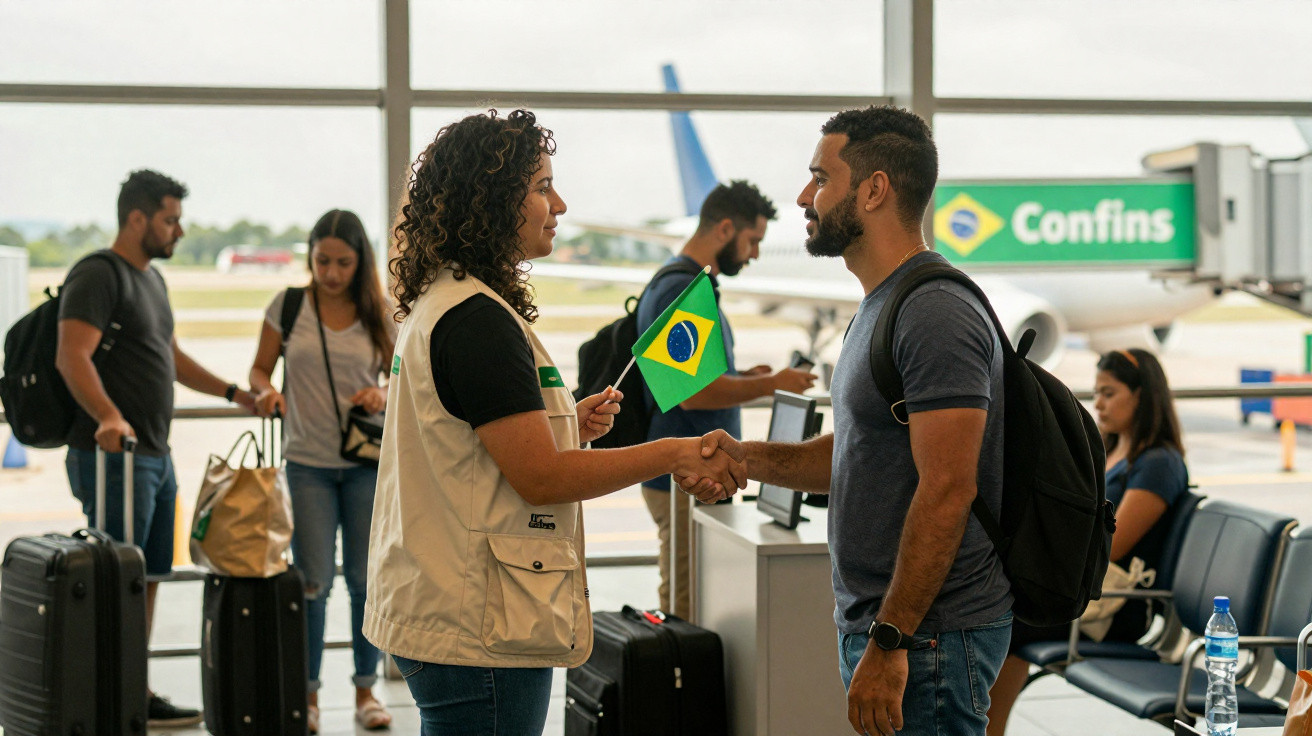 Pessoa com bandeira do Brasil recebe viajante no aeroporto perto da porta de embarque Confins.