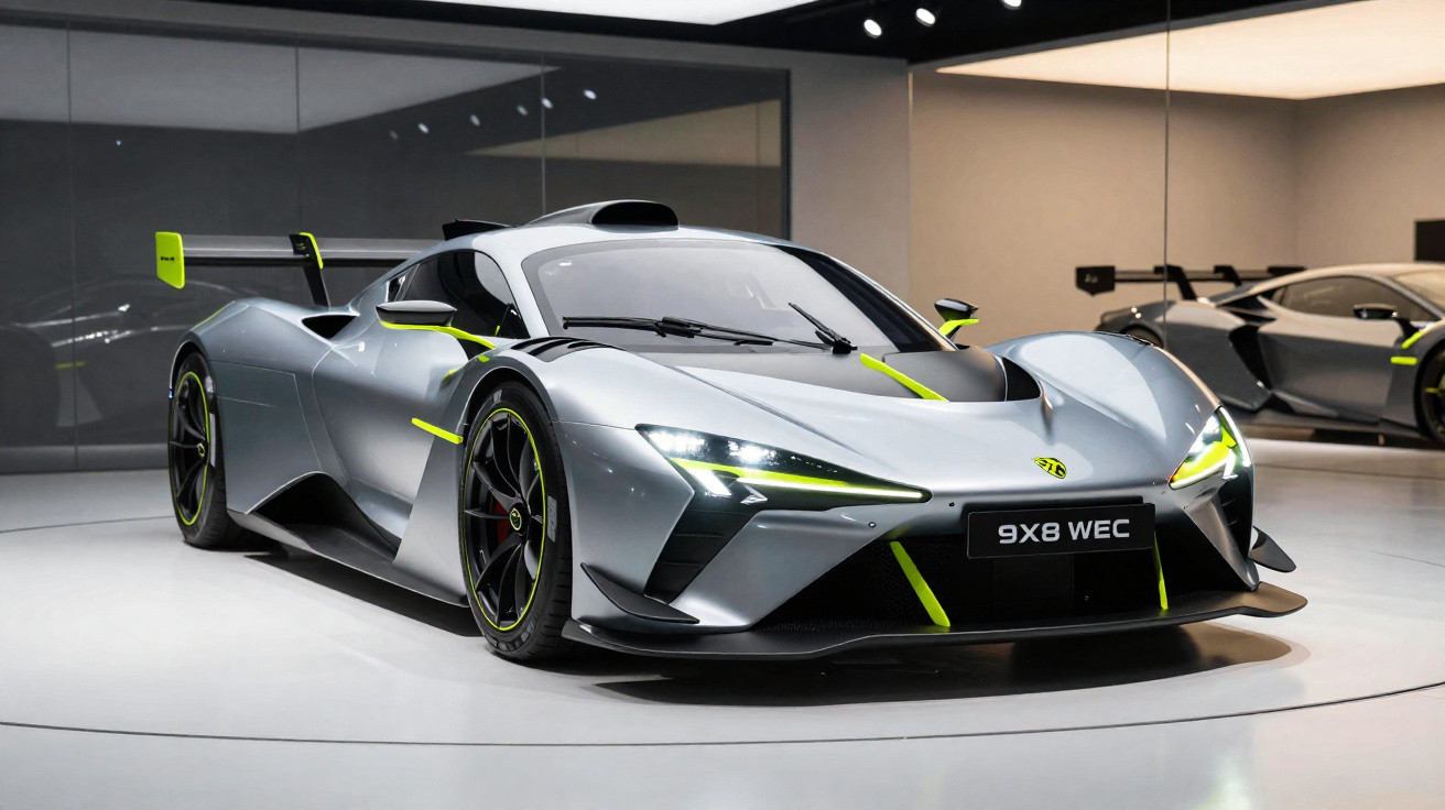 Carro desportivo cinza metálico com detalhes amarelo-neon exposto num salão moderno com espelhos.