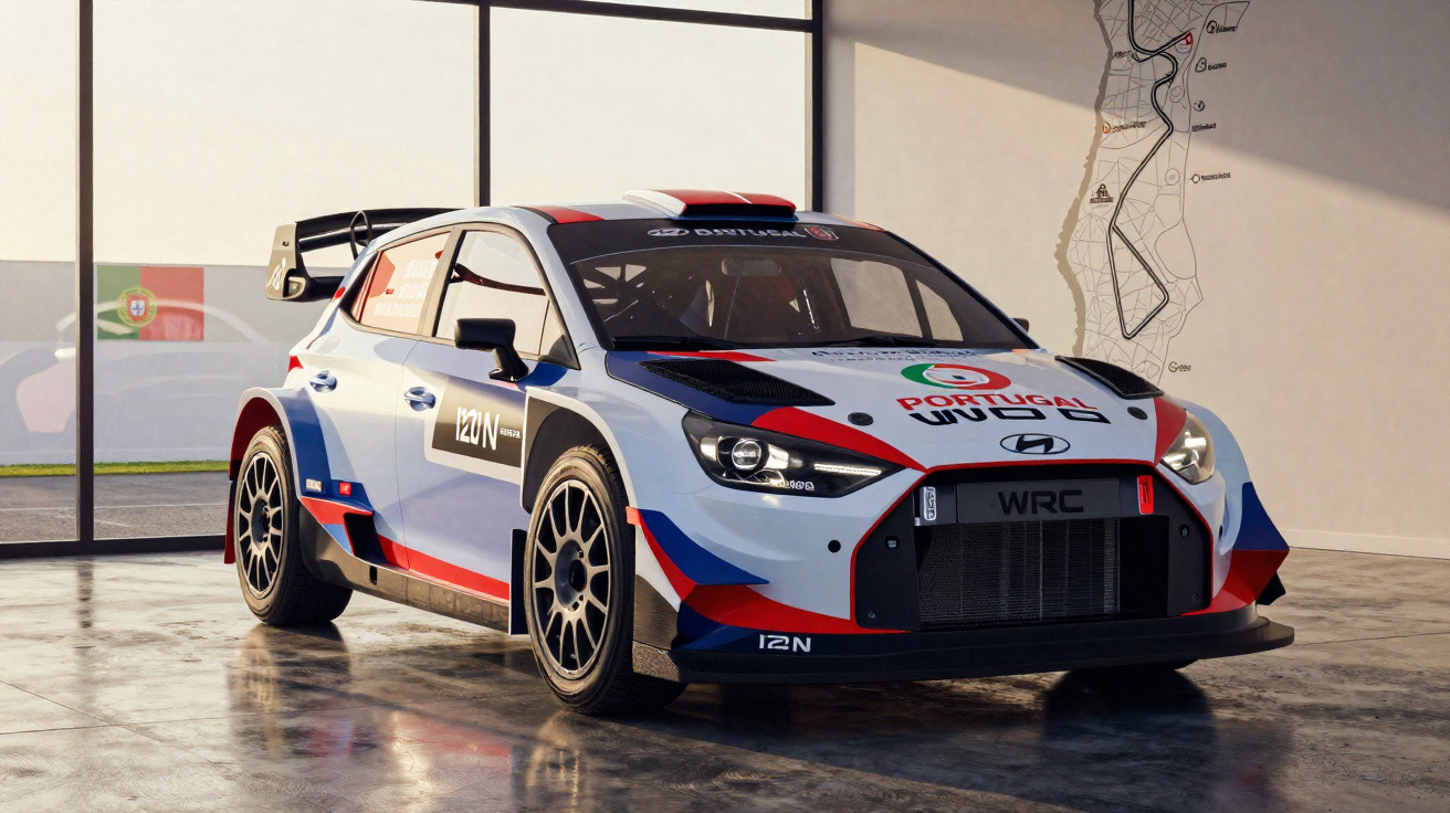 Carro de rali Hyundai i20 N WRC com decoração das cores de Portugal em garagem com mapa na parede.