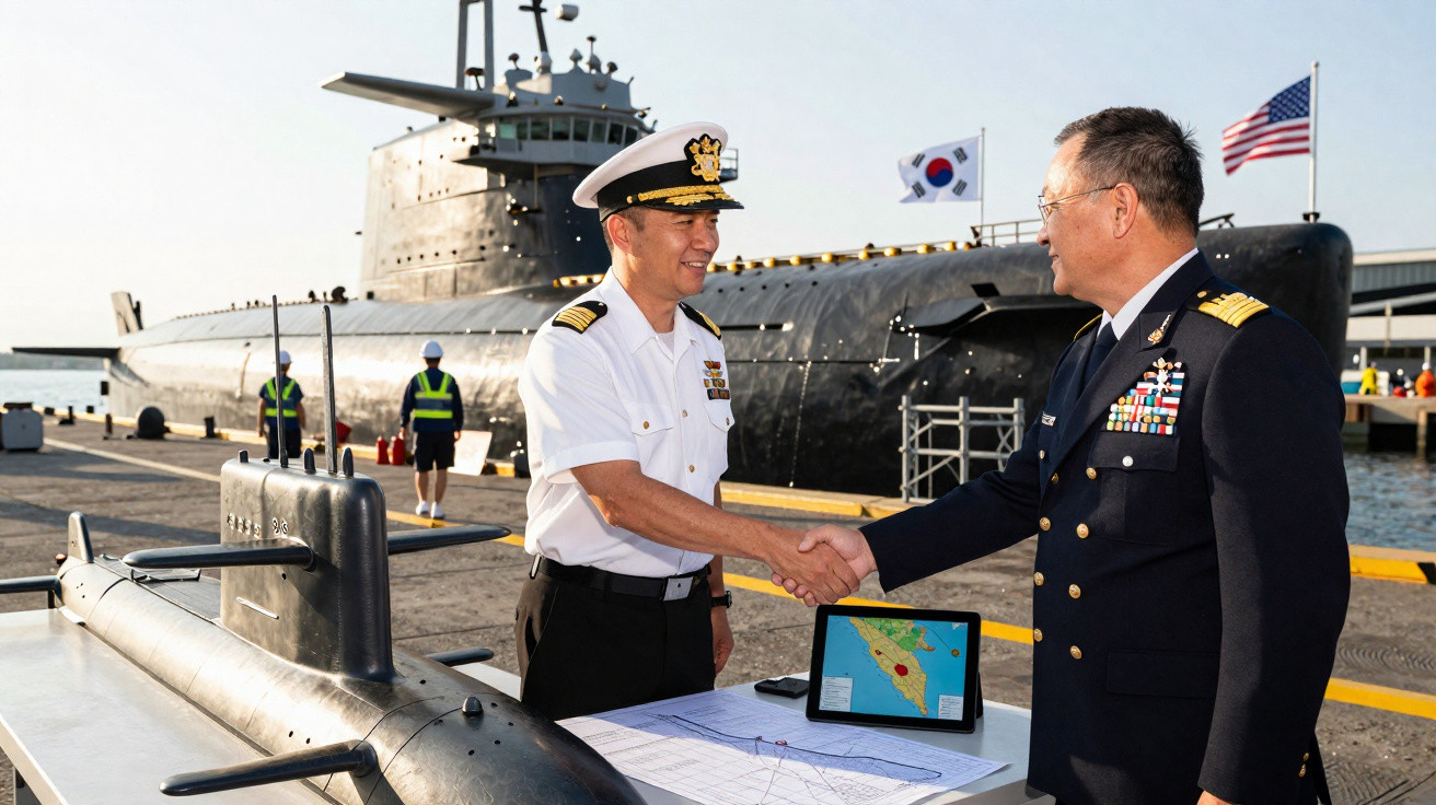 Dois oficiais da marinha apertam as mãos em frente a um submarino, com bandeiras da Coreia do Sul e EUA ao fundo.